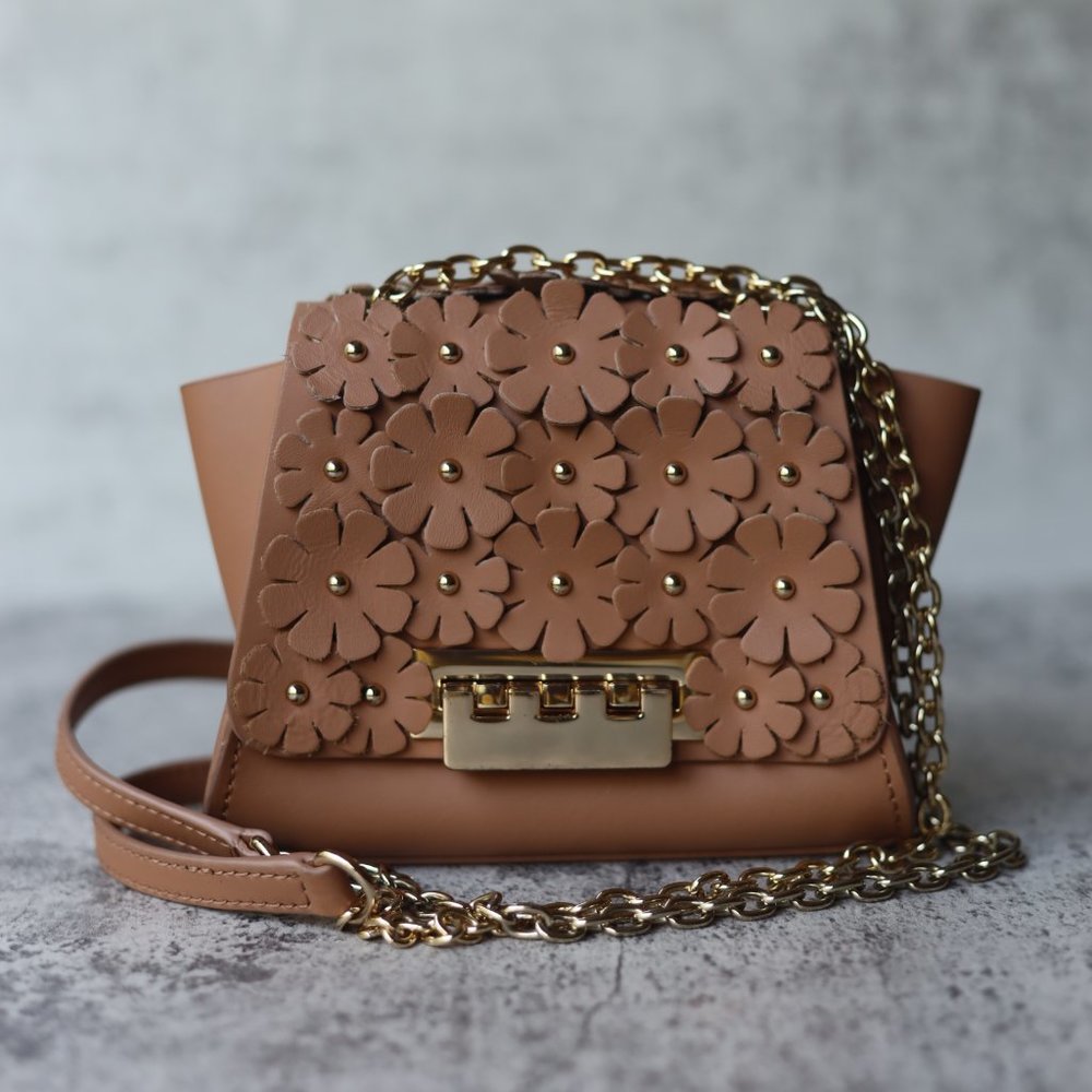 ZAC Zac Posen Eartha Iconic Small Chain Flower Applique Camel Leather Bag